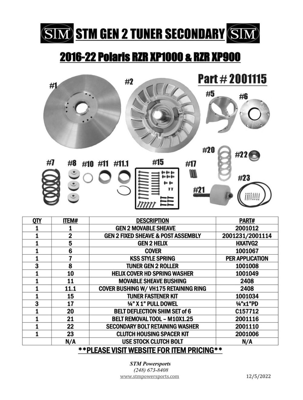 STM Polaris RZR XP 1000 Tuner Secondary Driven Clutch